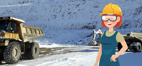 Dibujo de una mujer con gafas y casco, sobre una foto de una explotación minera.